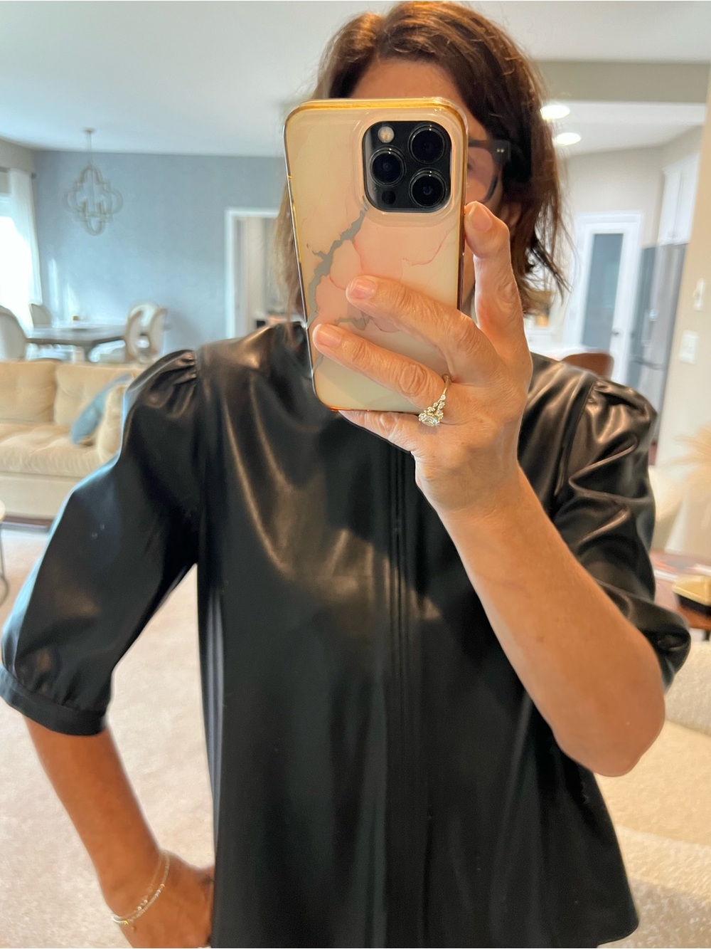 BB Dakota Black Faux Leather Puff Sleeve Tunic Top